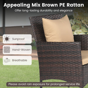 Sun-protective and fade-resistant PE rattan for outdoor durability<br>Stable metal frame for sturdy construction<br>Each chair holds up to 400 lbs and the side table supports 100 lbs<br>Reinforced circular ring and adjustable foot pads for extra stability