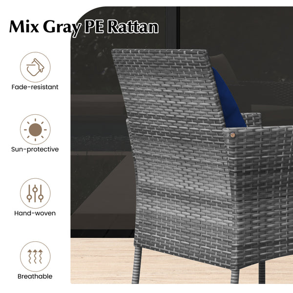 Sun-protective and fade-resistant PE rattan for outdoor durability<br>Stable metal frame for sturdy construction<br>Each chair holds up to 400 lbs and the side table supports 100 lbs<br>Reinforced circular ring and adjustable foot pads for extra stability