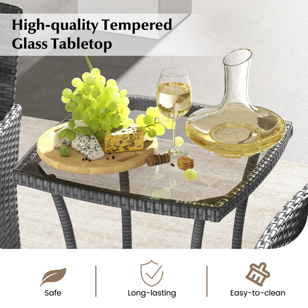 Sun-protective and fade-resistant PE rattan for outdoor durability<br>Stable metal frame for sturdy construction<br>Each chair holds up to 400 lbs and the side table supports 100 lbs<br>Reinforced circular ring and adjustable foot pads for extra stability