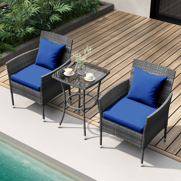 Sun-protective and fade-resistant PE rattan for outdoor durability<br>Stable metal frame for sturdy construction<br>Each chair holds up to 400 lbs and the side table supports 100 lbs<br>Reinforced circular ring and adjustable foot pads for extra stability
