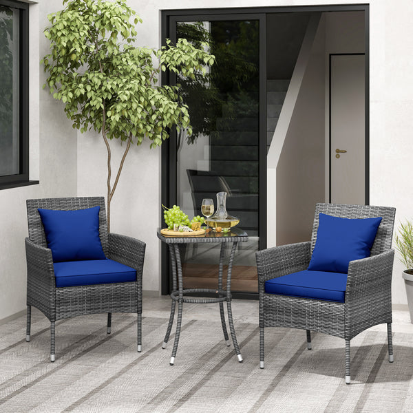 Sun-protective and fade-resistant PE rattan for outdoor durability<br>Stable metal frame for sturdy construction<br>Each chair holds up to 400 lbs and the side table supports 100 lbs<br>Reinforced circular ring and adjustable foot pads for extra stability