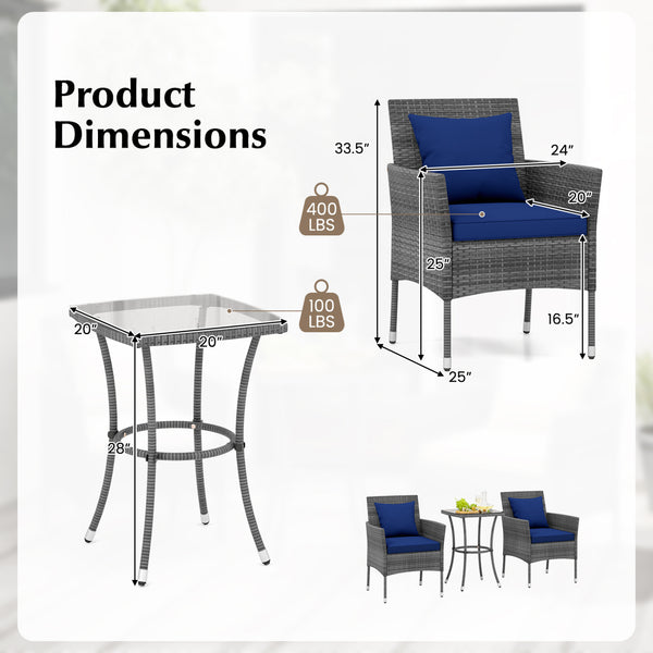 Sun-protective and fade-resistant PE rattan for outdoor durability<br>Stable metal frame for sturdy construction<br>Each chair holds up to 400 lbs and the side table supports 100 lbs<br>Reinforced circular ring and adjustable foot pads for extra stability