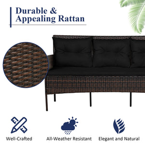 Sturdy steel frame ensures strong weight capacity <br>Premium rattan with all-weather resistance for long-time use <br>Cozy seat with high backrest and soft armrest offers comfort <br>High density cushion with removable cover makes maintenance easier <br>