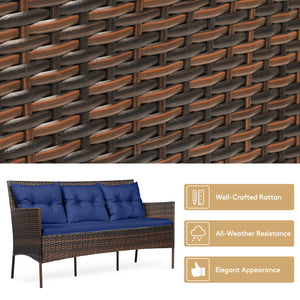 Sturdy steel frame ensures strong weight capacity <br>Premium rattan with all-weather resistance for long-time use <br>Cozy seat with high backrest and soft armrest offers comfort <br>High density cushion with removable cover makes maintenance easier <br>