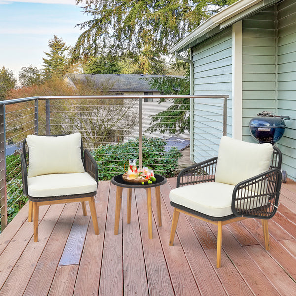 Colorfast PE rattan deals with outdoor elements<br>Stable  durable and burr-free to use with solid acacia wood<br>Heavy-duty metal frame for sturdy construction<br>Soft padded cushions for ultimate comfort<br>Remove the cushion covers with smooth zippers 