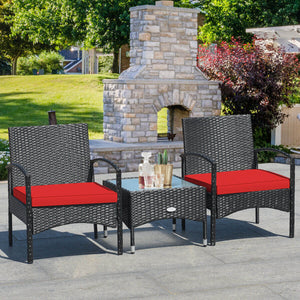Durable and sturdy rattan and steel materials for long service time <br>Thick sponged cushion is soft and the cover is washable <br>Weatherproof materials ensure the furniture set is placed outside all year around <br>The coffee table has a tempered glass
