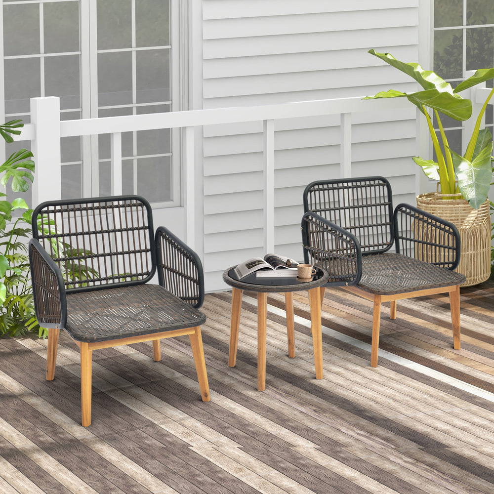 Colorfast PE rattan deals with outdoor elements<br>Stable  durable and burr-free to use with solid acacia wood<br>Heavy-duty metal frame for sturdy construction<br>Soft padded cushions for ultimate comfort<br>Remove the cushion covers with smooth zippers 