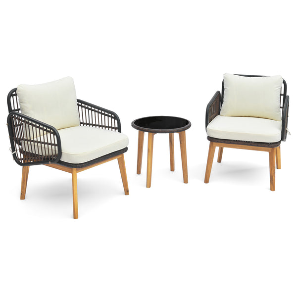 Colorfast PE rattan deals with outdoor elements<br>Stable  durable and burr-free to use with solid acacia wood<br>Heavy-duty metal frame for sturdy construction<br>Soft padded cushions for ultimate comfort<br>Remove the cushion covers with smooth zippers 