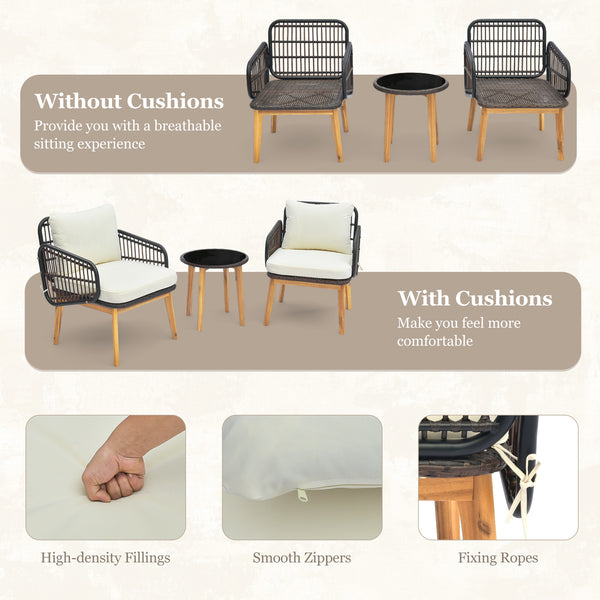 Colorfast PE rattan deals with outdoor elements<br>Stable  durable and burr-free to use with solid acacia wood<br>Heavy-duty metal frame for sturdy construction<br>Soft padded cushions for ultimate comfort<br>Remove the cushion covers with smooth zippers 