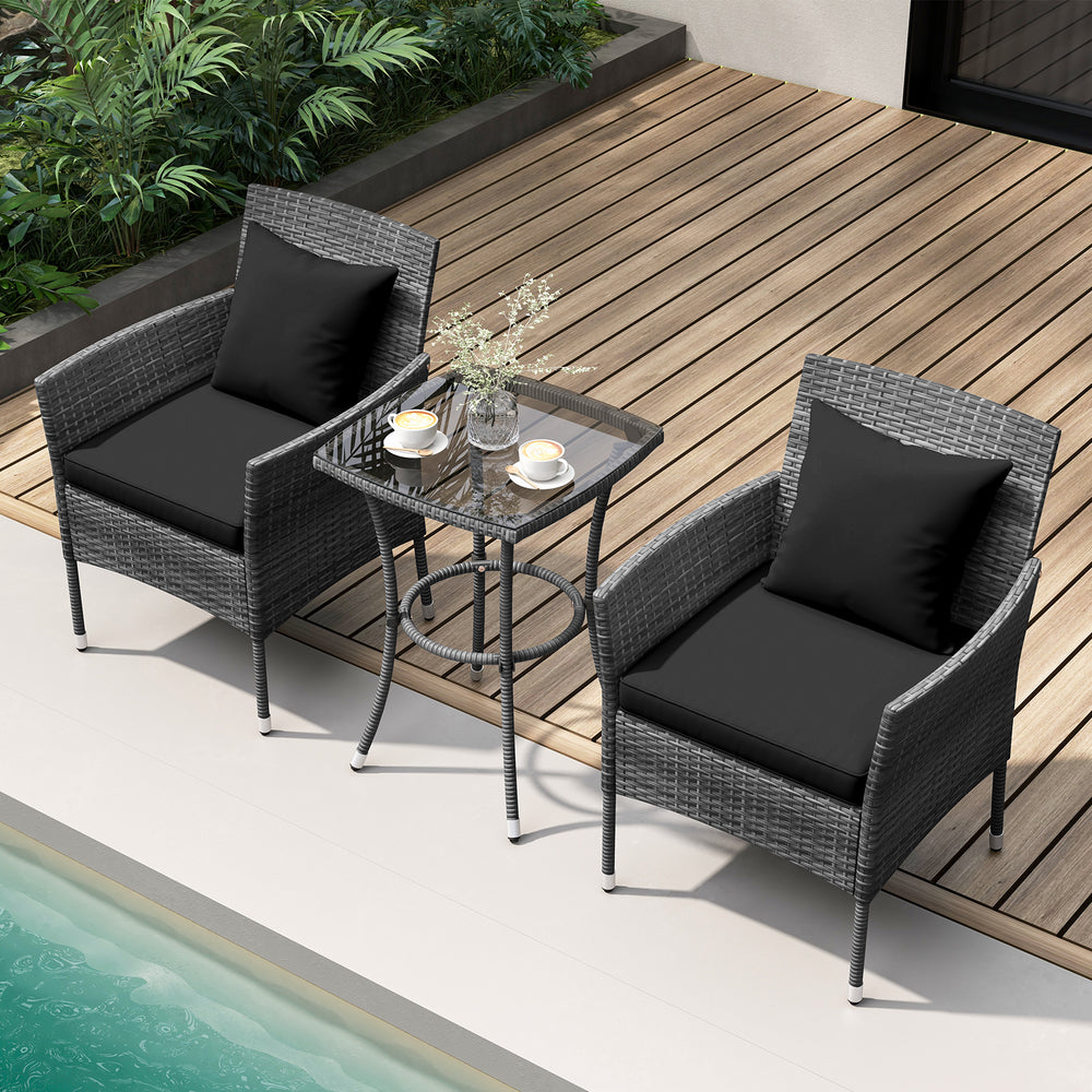 Sun-protective and fade-resistant PE rattan for outdoor durability<br>Stable metal frame for sturdy construction<br>Each chair holds up to 400 lbs and the side table supports 100 lbs<br>Reinforced circular ring and adjustable foot pads for extra stability