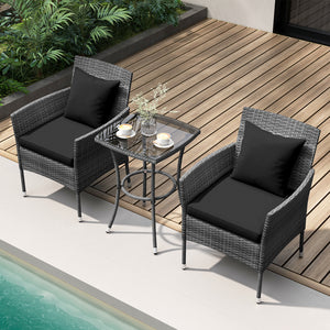 Sun-protective and fade-resistant PE rattan for outdoor durability<br>Stable metal frame for sturdy construction<br>Each chair holds up to 400 lbs and the side table supports 100 lbs<br>Reinforced circular ring and adjustable foot pads for extra stability