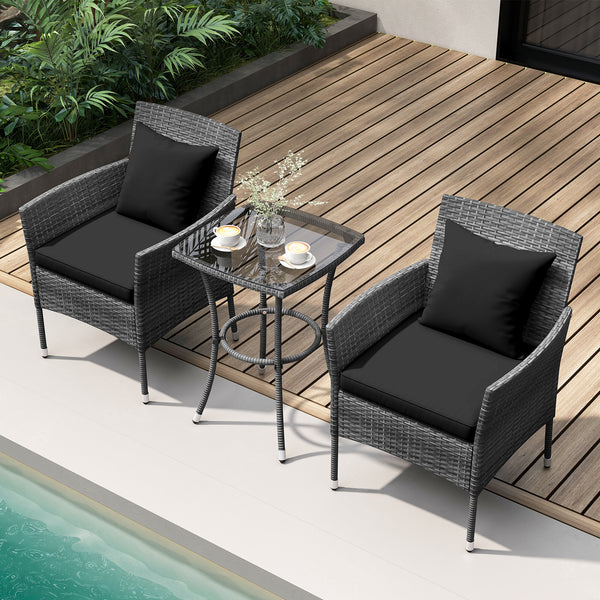 Sun-protective and fade-resistant PE rattan for outdoor durability<br>Stable metal frame for sturdy construction<br>Each chair holds up to 400 lbs and the side table supports 100 lbs<br>Reinforced circular ring and adjustable foot pads for extra stability