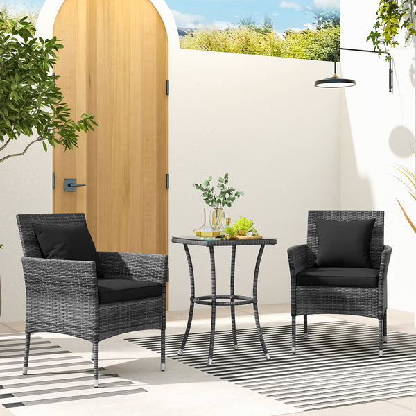 Sun-protective and fade-resistant PE rattan for outdoor durability<br>Stable metal frame for sturdy construction<br>Each chair holds up to 400 lbs and the side table supports 100 lbs<br>Reinforced circular ring and adjustable foot pads for extra stability