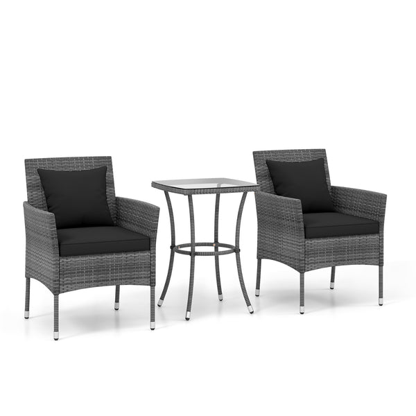 Sun-protective and fade-resistant PE rattan for outdoor durability<br>Stable metal frame for sturdy construction<br>Each chair holds up to 400 lbs and the side table supports 100 lbs<br>Reinforced circular ring and adjustable foot pads for extra stability