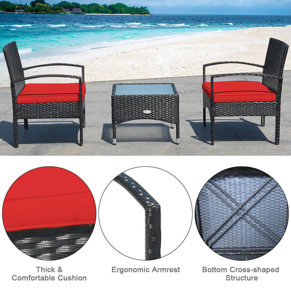Durable and sturdy rattan and steel materials for long service time <br>Thick sponged cushion is soft and the cover is washable <br>Weatherproof materials ensure the furniture set is placed outside all year around <br>The coffee table has a tempered glass