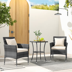 Sun-protective and fade-resistant PE rattan for outdoor durability<br>Stable metal frame for sturdy construction<br>Each chair holds up to 400 lbs and the side table supports 100 lbs<br>Reinforced circular ring and adjustable foot pads for extra stability