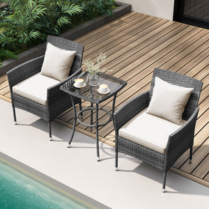 Sun-protective and fade-resistant PE rattan for outdoor durability<br>Stable metal frame for sturdy construction<br>Each chair holds up to 400 lbs and the side table supports 100 lbs<br>Reinforced circular ring and adjustable foot pads for extra stability