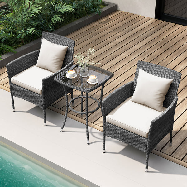 Sun-protective and fade-resistant PE rattan for outdoor durability<br>Stable metal frame for sturdy construction<br>Each chair holds up to 400 lbs and the side table supports 100 lbs<br>Reinforced circular ring and adjustable foot pads for extra stability