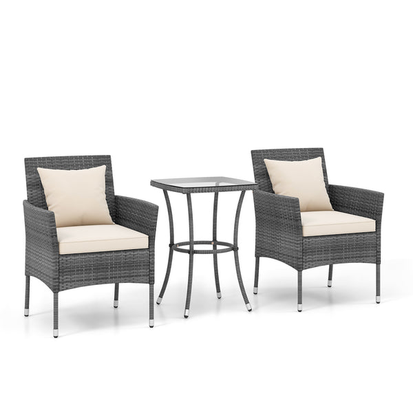 Sun-protective and fade-resistant PE rattan for outdoor durability<br>Stable metal frame for sturdy construction<br>Each chair holds up to 400 lbs and the side table supports 100 lbs<br>Reinforced circular ring and adjustable foot pads for extra stability