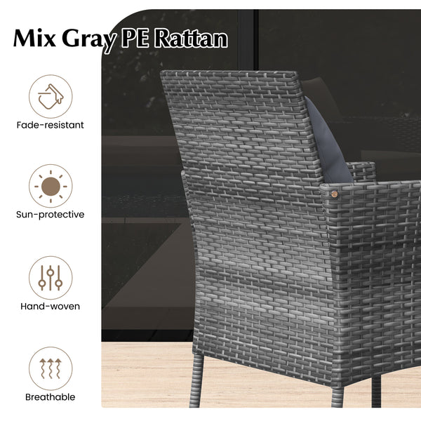 Sun-protective and fade-resistant PE rattan for outdoor durability<br>Stable metal frame for sturdy construction<br>Each chair holds up to 400 lbs and the side table supports 100 lbs<br>Reinforced circular ring and adjustable foot pads for extra stability