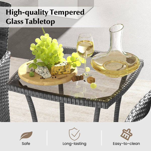 Sun-protective and fade-resistant PE rattan for outdoor durability<br>Stable metal frame for sturdy construction<br>Each chair holds up to 400 lbs and the side table supports 100 lbs<br>Reinforced circular ring and adjustable foot pads for extra stability