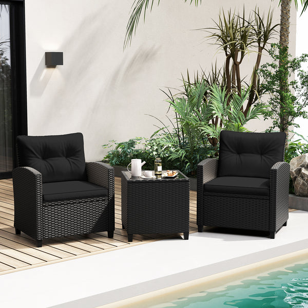 Made of quality PE rattan for long-lasting durability and wear resistance<br>Heavy-duty metal frame ensures sturdy construction<br>Tempered glass tabletop ensures safety while ensuring easy cleaning<br>The side table makes different items within reach <br