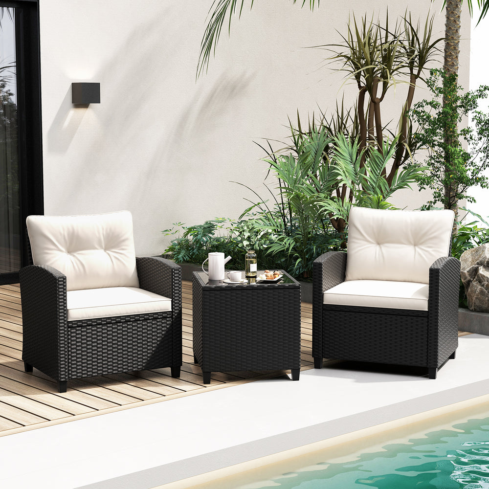 Made of quality PE rattan for long-lasting durability and wear resistance<br>Heavy-duty metal frame ensures sturdy construction<br>Tempered glass tabletop ensures safety while ensuring easy cleaning<br>The side table makes different items within reach <br