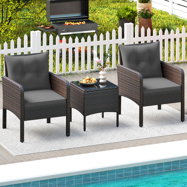 Â PE rattan is hand-woven for elegance and sun protection Â  <br>Â Soft cushions enhance seating comfort <br>Â Removable seat cushion covers for effortless cleaning <br>Â Each chair supports 400 lbs because of its strong metal frame <br>Â Adjustable foot 