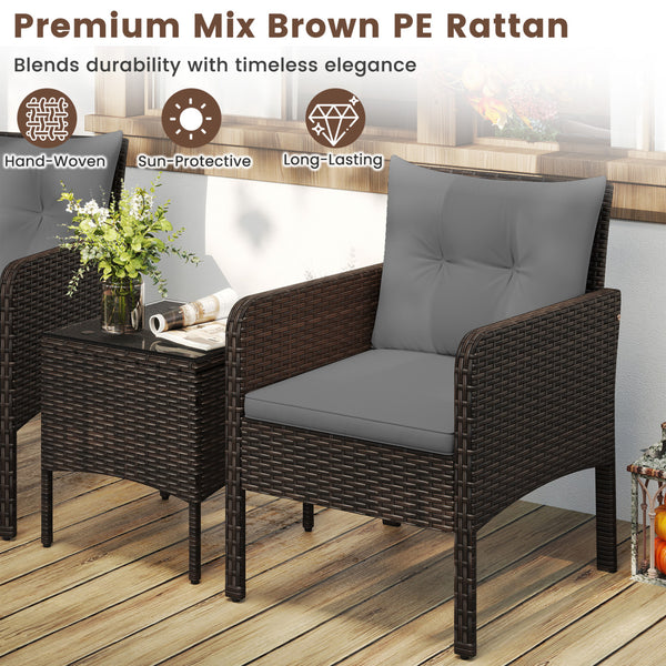 Â PE rattan is hand-woven for elegance and sun protection Â  <br>Â Soft cushions enhance seating comfort <br>Â Removable seat cushion covers for effortless cleaning <br>Â Each chair supports 400 lbs because of its strong metal frame <br>Â Adjustable foot 
