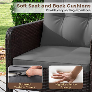 Â PE rattan is hand-woven for elegance and sun protection Â  <br>Â Soft cushions enhance seating comfort <br>Â Removable seat cushion covers for effortless cleaning <br>Â Each chair supports 400 lbs because of its strong metal frame <br>Â Adjustable foot 