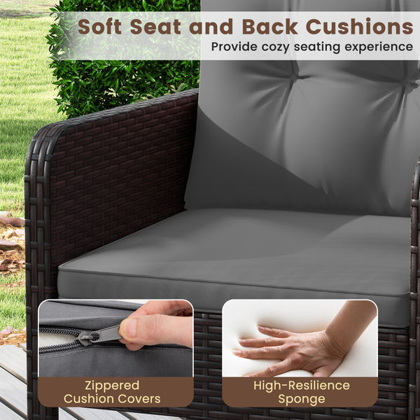 Â PE rattan is hand-woven for elegance and sun protection Â  <br>Â Soft cushions enhance seating comfort <br>Â Removable seat cushion covers for effortless cleaning <br>Â Each chair supports 400 lbs because of its strong metal frame <br>Â Adjustable foot 