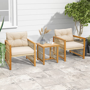 Colorfast hand-woven light yellow PE rattan is breathable and modern as well<br>Burr-free acacia wood for strong weight capacity (165 lbs for the coffee table and 400 lbs for each chair)<br>Ensure extra stability thanks to its sturdy and rustproof metal f