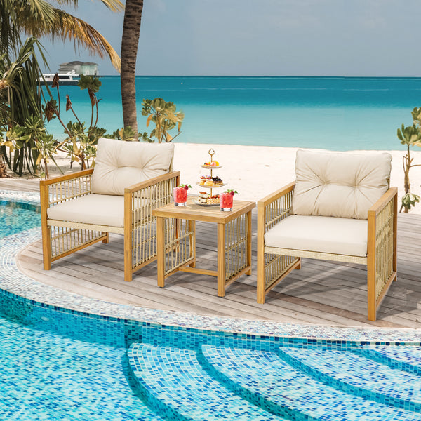 Colorfast hand-woven light yellow PE rattan is breathable and modern as well<br>Burr-free acacia wood for strong weight capacity (165 lbs for the coffee table and 400 lbs for each chair)<br>Ensure extra stability thanks to its sturdy and rustproof metal f