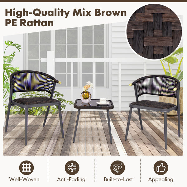 Quick dry foam ensures fast drying and comfort<br>Mix brown PE rattan adds elegance and durability<br>Sturdy metal frame supports heavy weight<br>Coffee table glass top secured by suction cups<br>PU rope woven back is stylish and breathable<br>Tempered gl