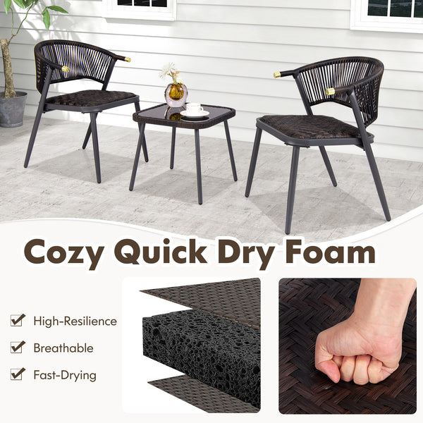 Quick dry foam ensures fast drying and comfort<br>Mix brown PE rattan adds elegance and durability<br>Sturdy metal frame supports heavy weight<br>Coffee table glass top secured by suction cups<br>PU rope woven back is stylish and breathable<br>Tempered gl