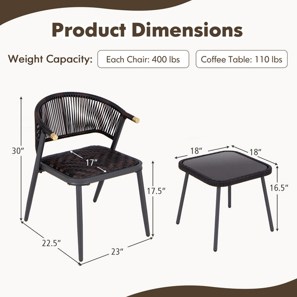 Quick dry foam ensures fast drying and comfort<br>Mix brown PE rattan adds elegance and durability<br>Sturdy metal frame supports heavy weight<br>Coffee table glass top secured by suction cups<br>PU rope woven back is stylish and breathable<br>Tempered gl