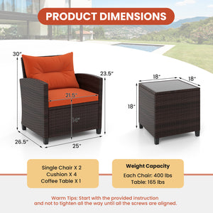 The strong and sturdy steel frame ensures the sturdiness of the set<br>Hand-woven rattan can withstand moderate rain or wind in outdoor<br>A wide armrest in suitable height is good for supporting and relaxing your arm<br>Thick and soft cushion with a high