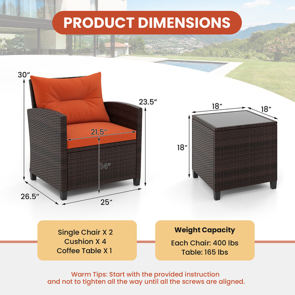 The strong and sturdy steel frame ensures the sturdiness of the set<br>Hand-woven rattan can withstand moderate rain or wind in outdoor<br>A wide armrest in suitable height is good for supporting and relaxing your arm<br>Thick and soft cushion with a high