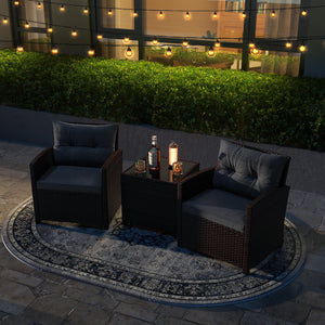 The strong and sturdy steel frame ensures the sturdiness of the set<br>Hand-woven rattan can withstand moderate rain or wind in outdoor<br>A wide armrest in suitable height is good for supporting and relaxing your arm<br>Thick and soft cushion with a high