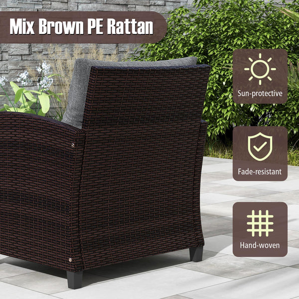 The strong and sturdy steel frame ensures the sturdiness of the set<br>Hand-woven rattan can withstand moderate rain or wind in outdoor<br>A wide armrest in suitable height is good for supporting and relaxing your arm<br>Thick and soft cushion with a high