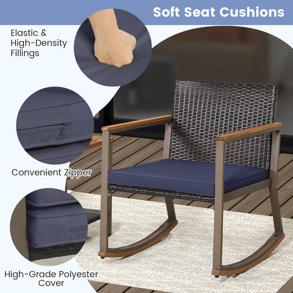 Gentle rocking function relieves your fatigue and stress<br>Comfortable to sit with ergonomic backrest and soft seat cushions<br>Smooth zippers for easy removal and maintenance of cushion cover<br>Hand-woven mix brown PE rattan is ideal for long-time outd