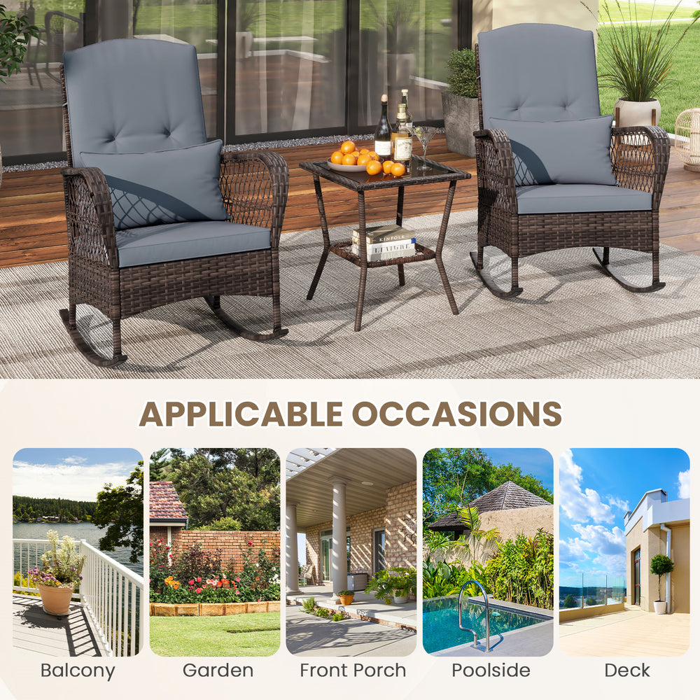 Rock smooth and safely with anti-slip mats and stoppers<br>Wrapped with premium PE rattan for elegance<br>Soft cushions and pillows make you more comfortable<br>Curved armrests for more coziness<br>Heavy-duty metal frame offers strong support<br>Smooth zi