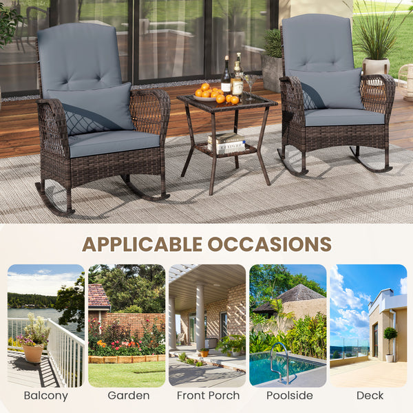 Rock smooth and safely with anti-slip mats and stoppers<br>Wrapped with premium PE rattan for elegance<br>Soft cushions and pillows make you more comfortable<br>Curved armrests for more coziness<br>Heavy-duty metal frame offers strong support<br>Smooth zi