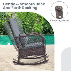 Rock smooth and safely with anti-slip mats and stoppers<br>Wrapped with premium PE rattan for elegance<br>Soft cushions and pillows make you more comfortable<br>Curved armrests for more coziness<br>Heavy-duty metal frame offers strong support<br>Smooth zi