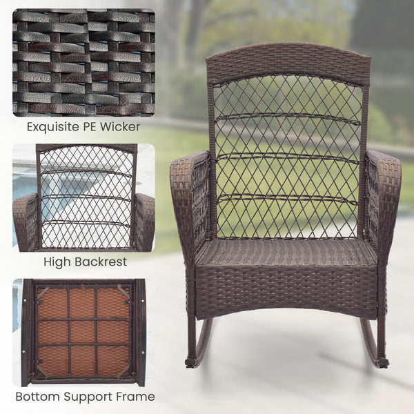 Rock smooth and safely with anti-slip mats and stoppers<br>Wrapped with premium PE rattan for elegance<br>Soft cushions and pillows make you more comfortable<br>Curved armrests for more coziness<br>Heavy-duty metal frame offers strong support<br>Smooth zi