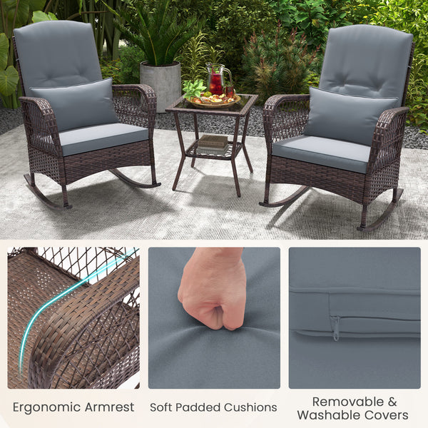 Rock smooth and safely with anti-slip mats and stoppers<br>Wrapped with premium PE rattan for elegance<br>Soft cushions and pillows make you more comfortable<br>Curved armrests for more coziness<br>Heavy-duty metal frame offers strong support<br>Smooth zi