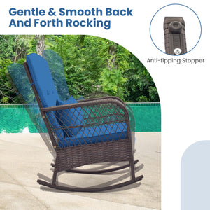 Rock smooth and safely with anti-slip mats and stoppers<br>Wrapped with premium PE rattan for elegance<br>Soft cushions and pillows make you more comfortable<br>Curved armrests for more coziness<br>Heavy-duty metal frame offers strong support<br>Smooth zi