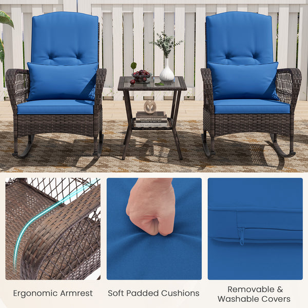 Rock smooth and safely with anti-slip mats and stoppers<br>Wrapped with premium PE rattan for elegance<br>Soft cushions and pillows make you more comfortable<br>Curved armrests for more coziness<br>Heavy-duty metal frame offers strong support<br>Smooth zi
