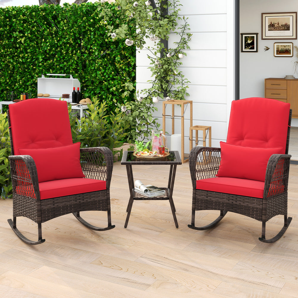 Rock smooth and safely with anti-slip mats and stoppers<br>Wrapped with premium PE rattan for elegance<br>Soft cushions and pillows make you more comfortable<br>Curved armrests for more coziness<br>Heavy-duty metal frame offers strong support<br>Smooth zi