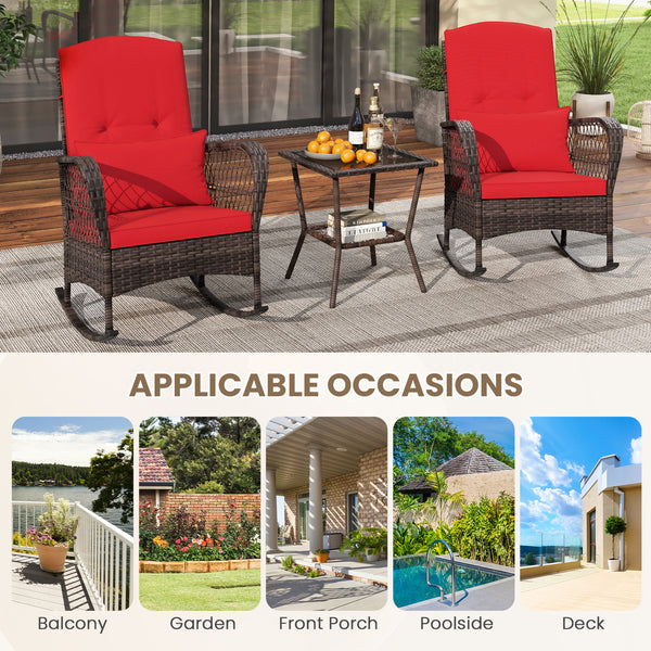 Rock smooth and safely with anti-slip mats and stoppers<br>Wrapped with premium PE rattan for elegance<br>Soft cushions and pillows make you more comfortable<br>Curved armrests for more coziness<br>Heavy-duty metal frame offers strong support<br>Smooth zi